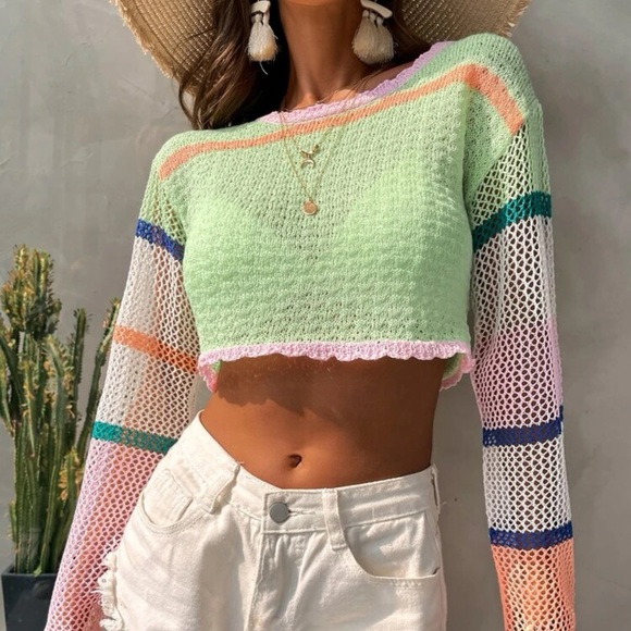 Striped Pattern Colorblock Drop Shoulder Scallop Trim Crop Sweater - Picture 2 of 6